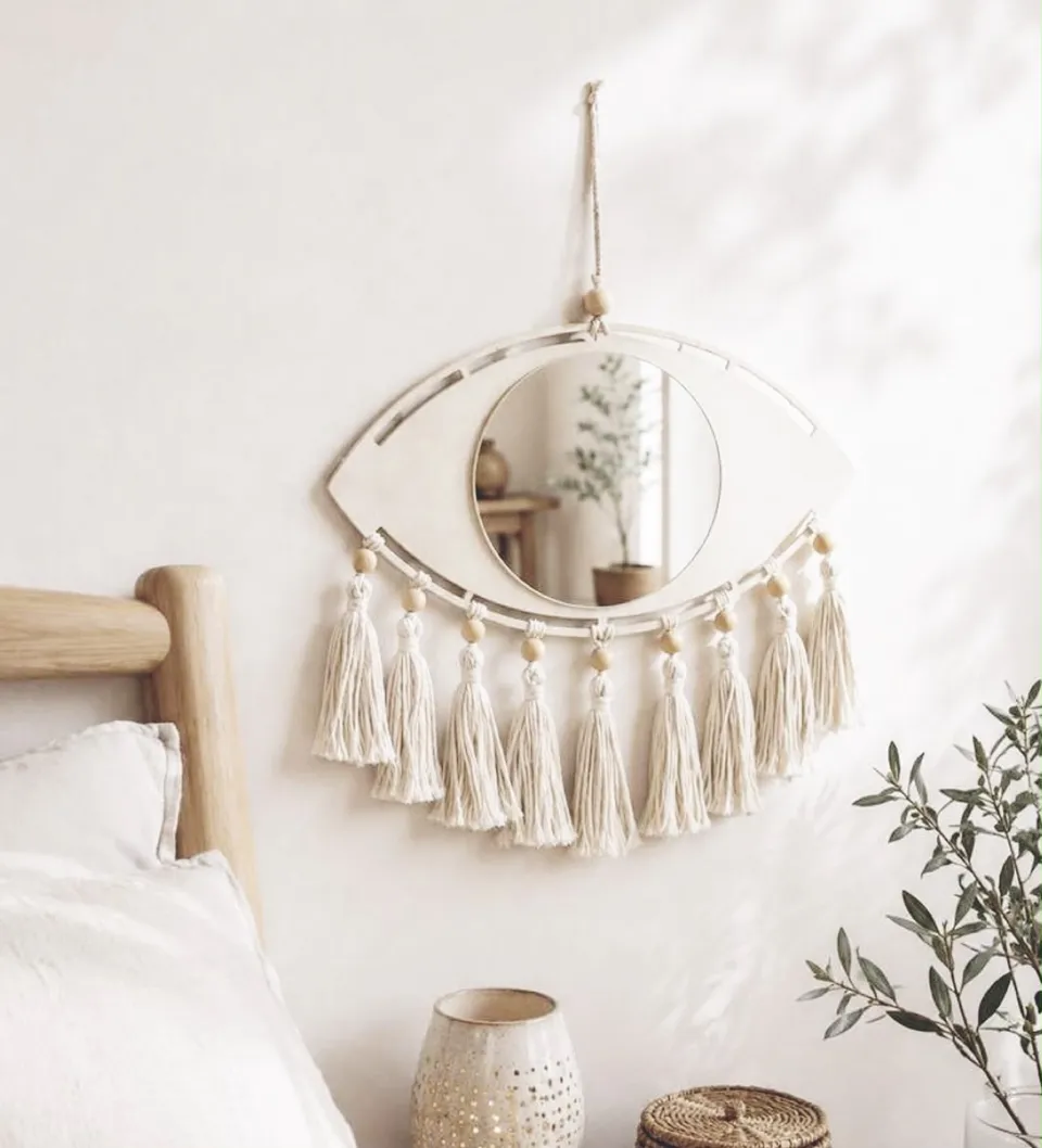 Evil Eye Wooden Tassel Mirror